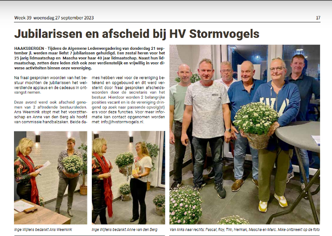 Handbalvereniging Stormvogels huldigt 7 leden en neem afscheid van 2 bestuursleden